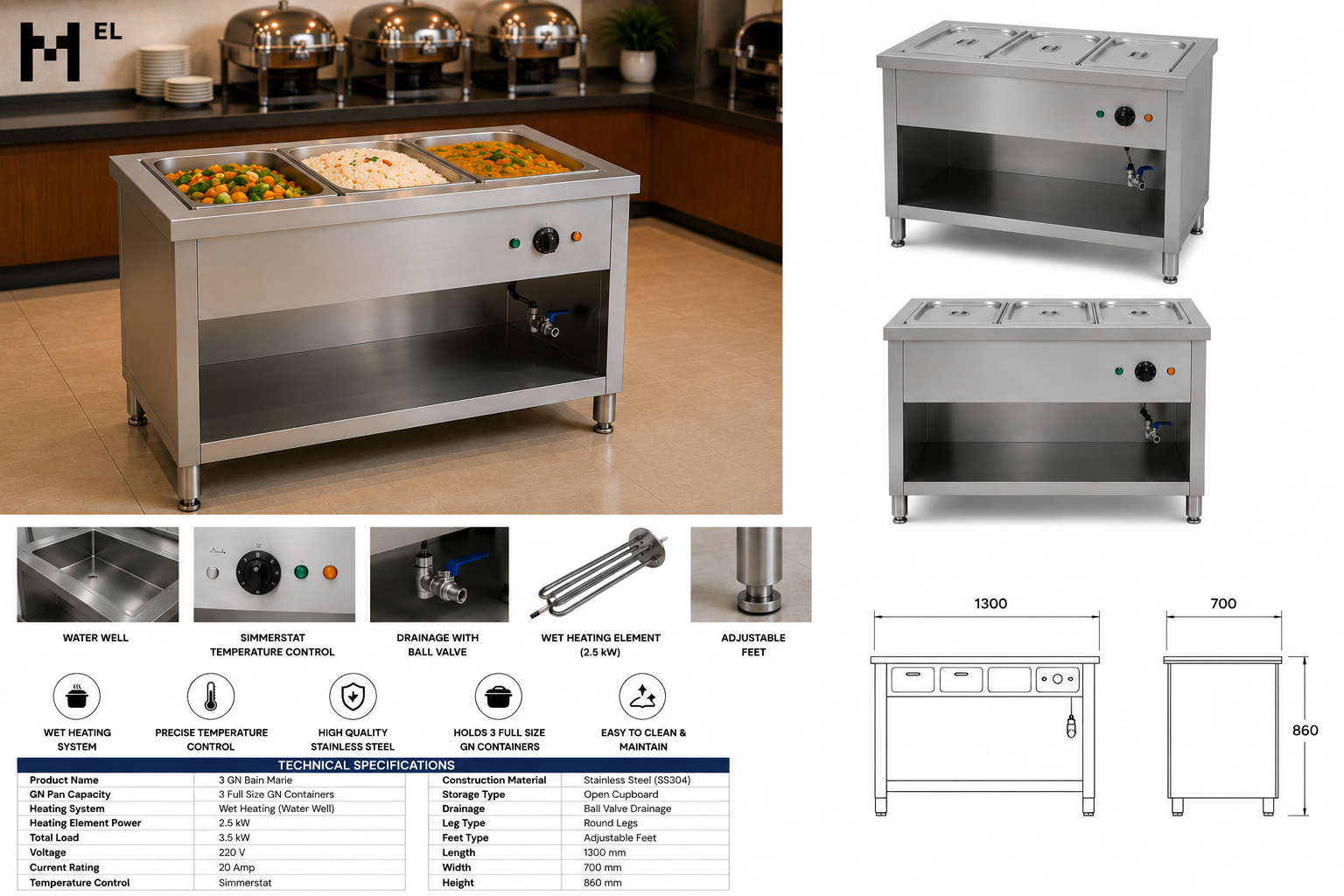 Stainless Steel Bain Marie – 3 GN  with Open Cupboard