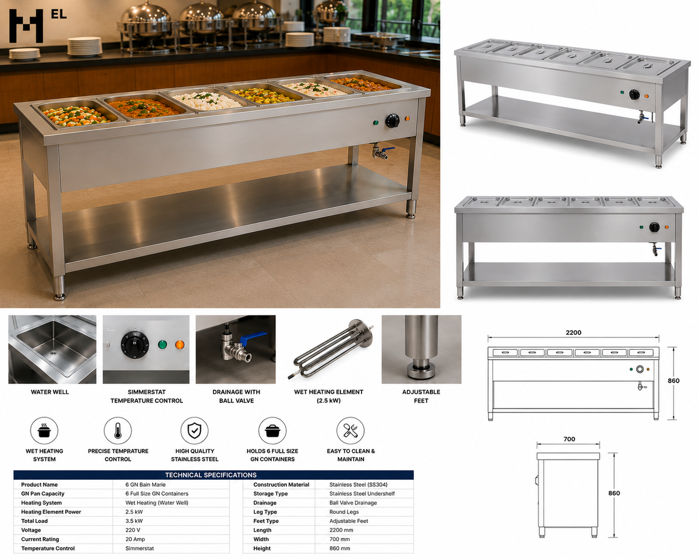 Stainless Steel Bain Marie – 6 GN With Undershelf