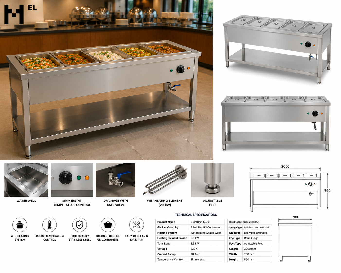 Stainless Steel Bain Marie 5 GN With Undershelf 
