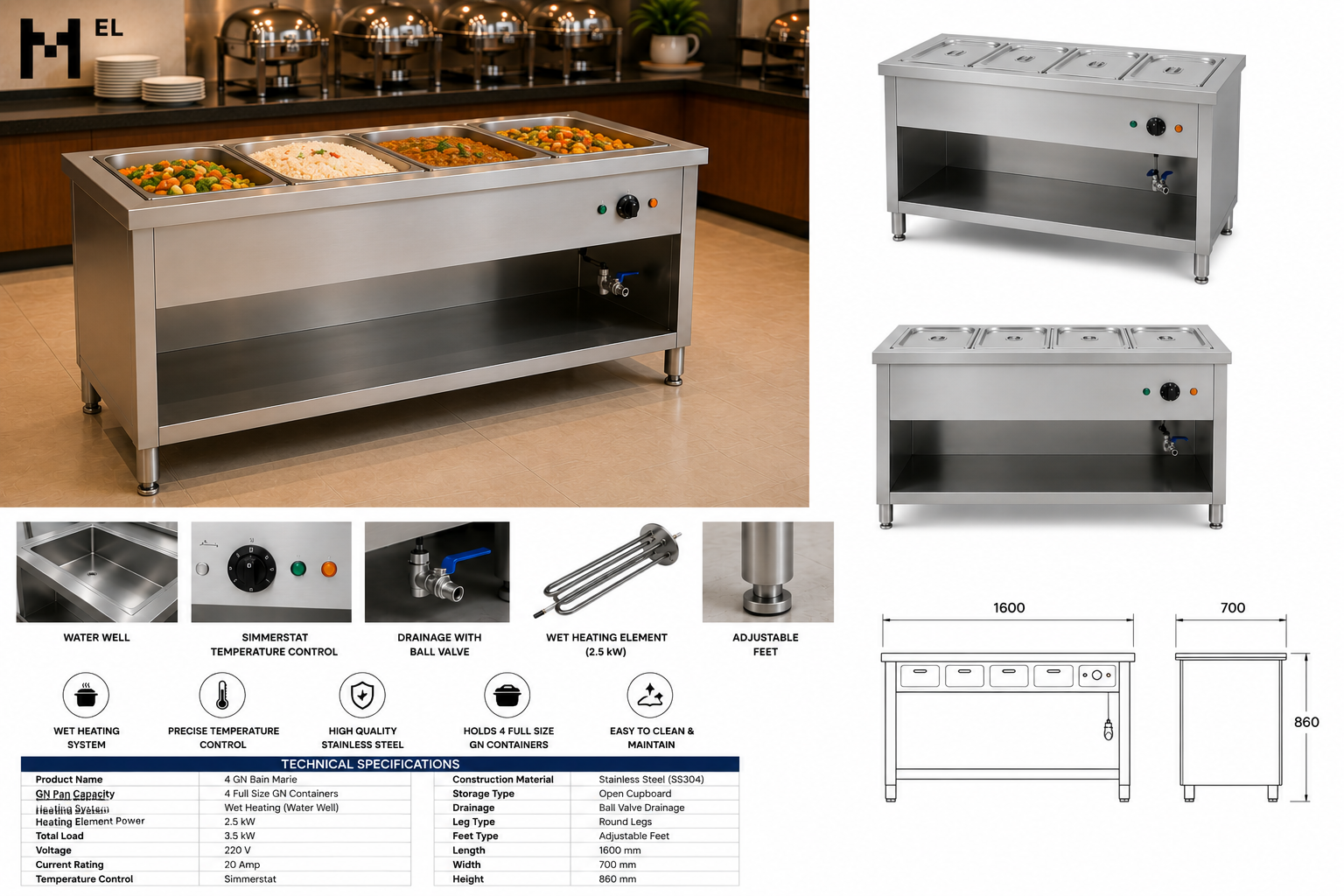 Stainless Steel Bain Marie – 4 GN  with Open Cupboard