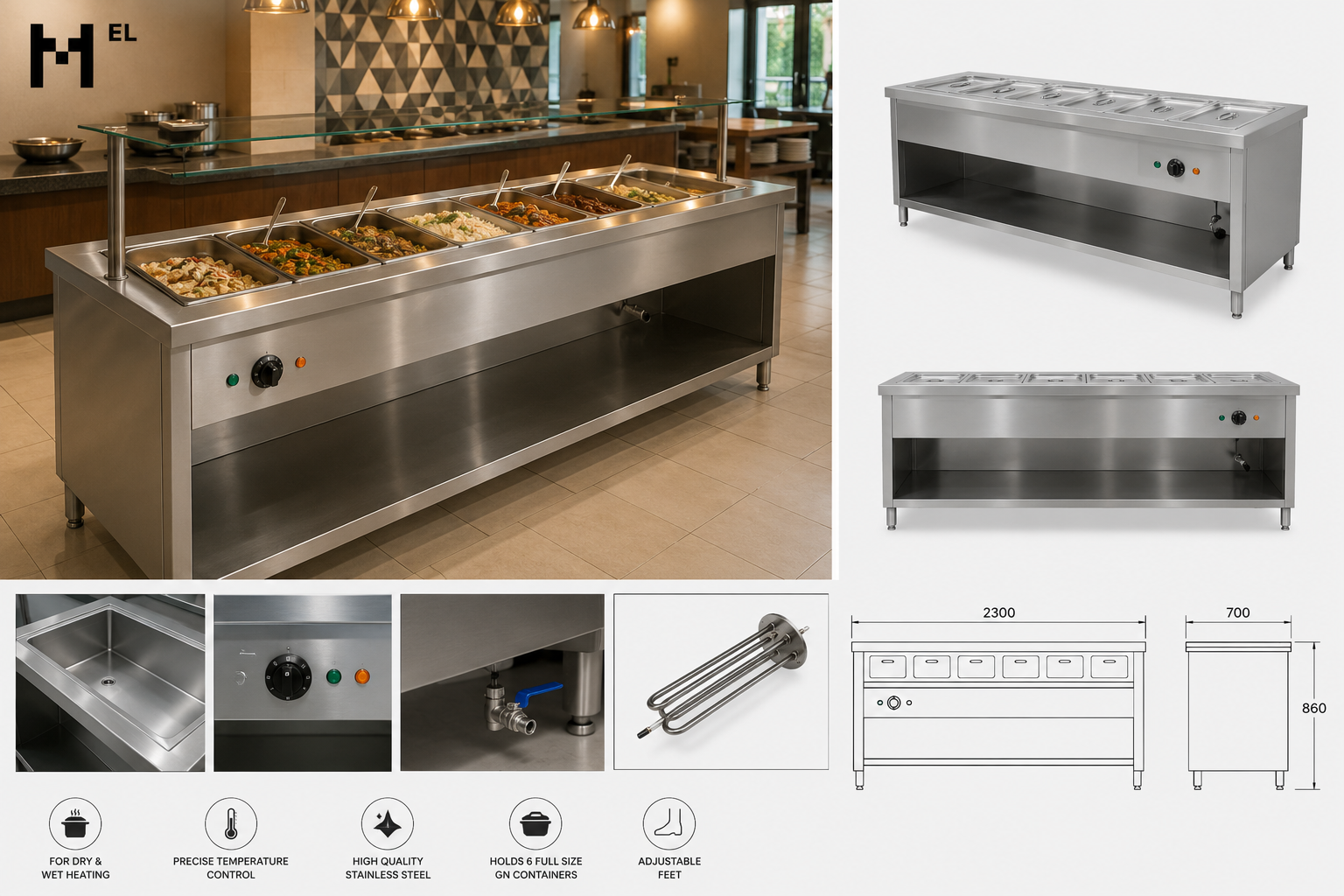 Stainless Steel Bain Marie – 6 GN with Open Cupboard