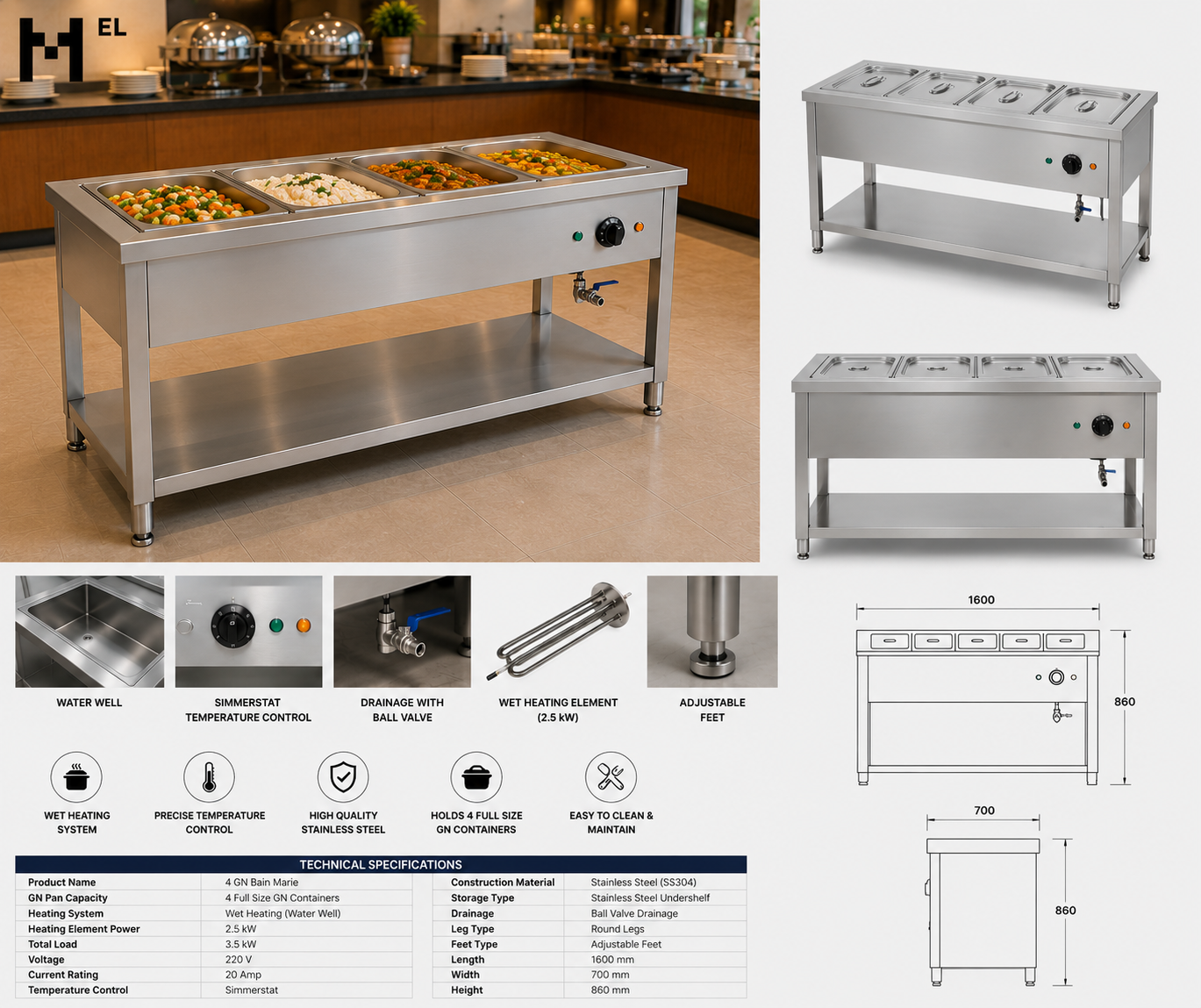 Stainless Steel Bain Marie – 4 GN With Undershelf