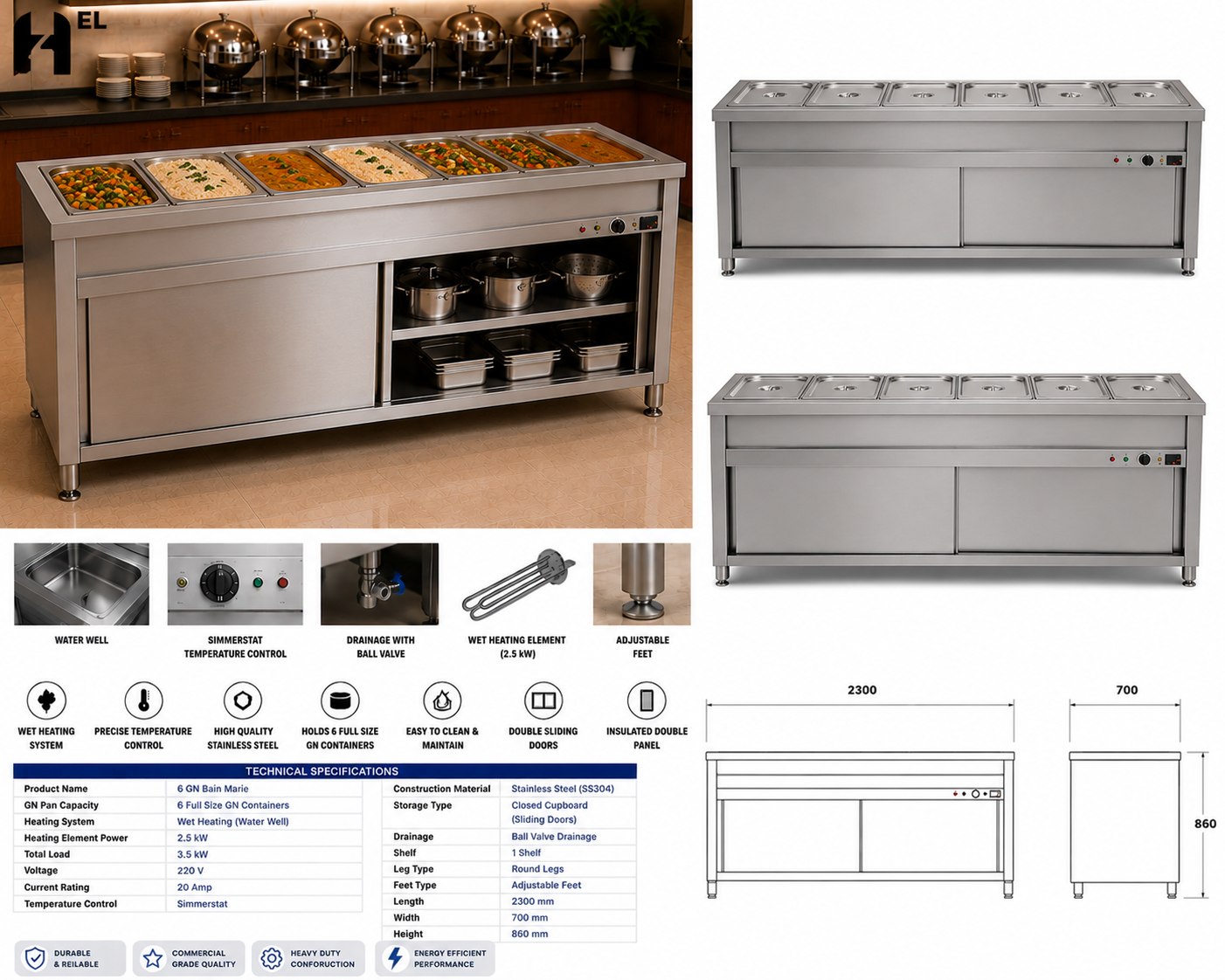 Stainless Steel Bain Marie – 6 GN with Sliding Door Cupboard