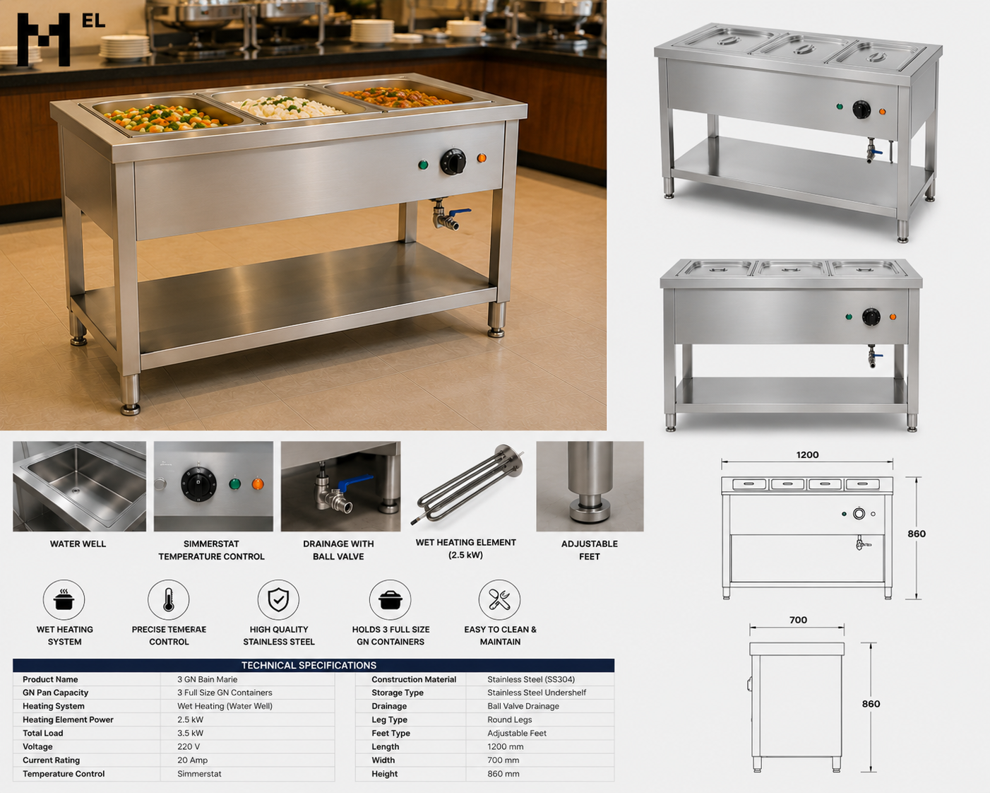 Stainless Steel Bain Marie – 3 GN With Undershelf