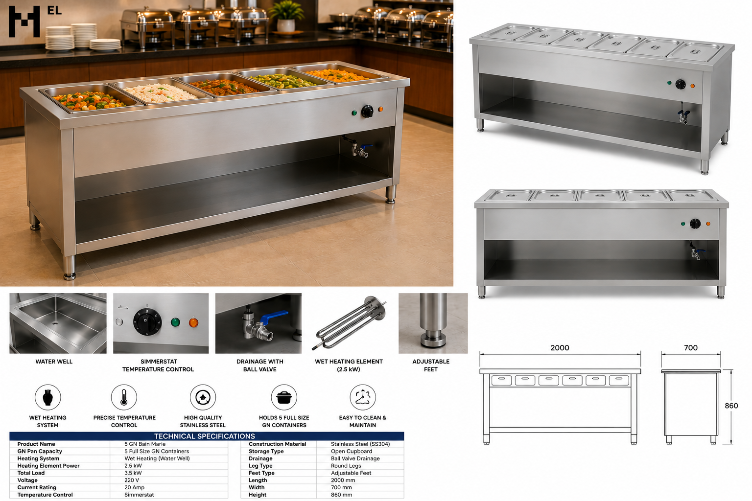 Stainless Steel Bain Marie – 5 GN with Open Cupboard