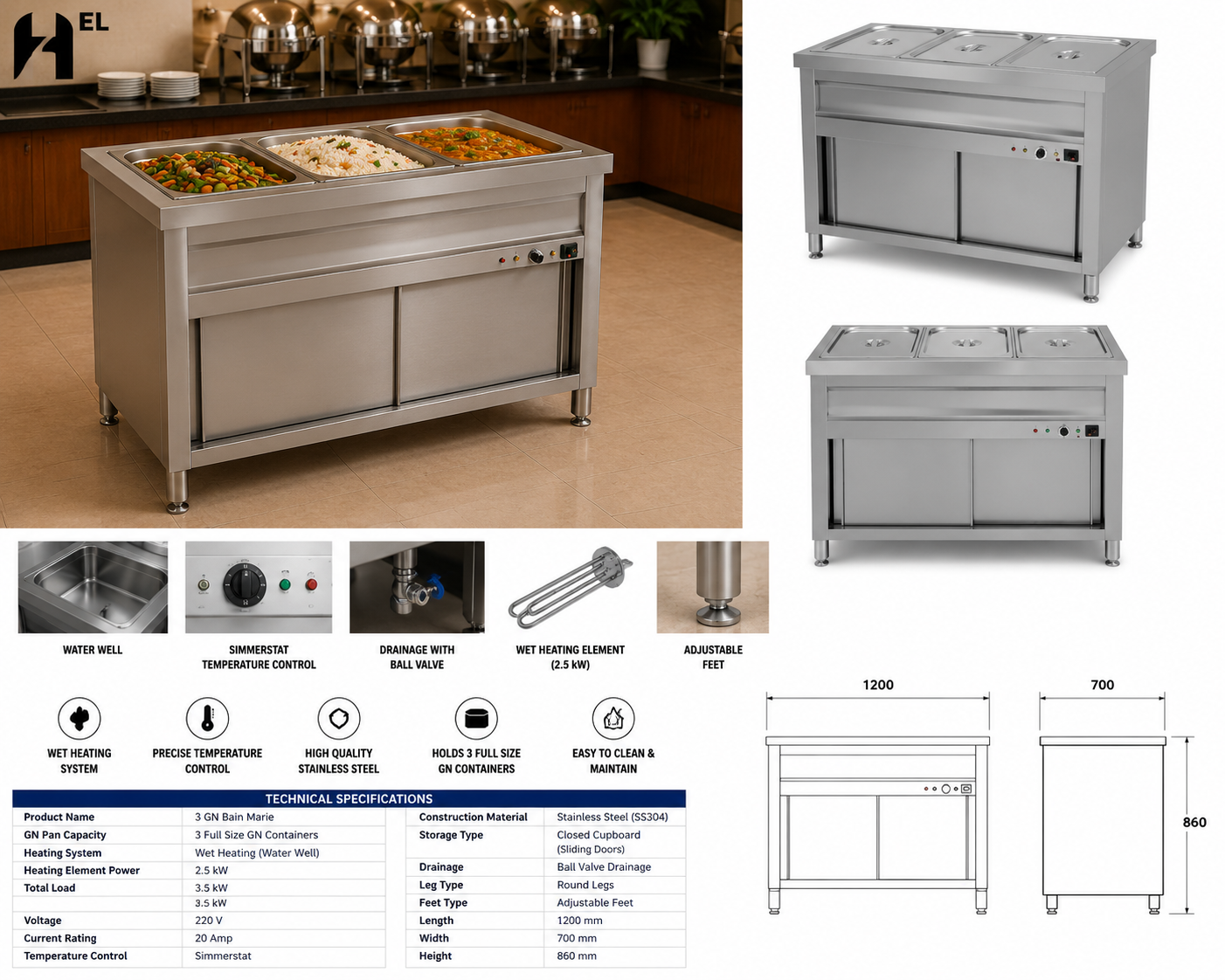 Stainless Steel Bain Marie – 3 GN Sliding Door Cupboard