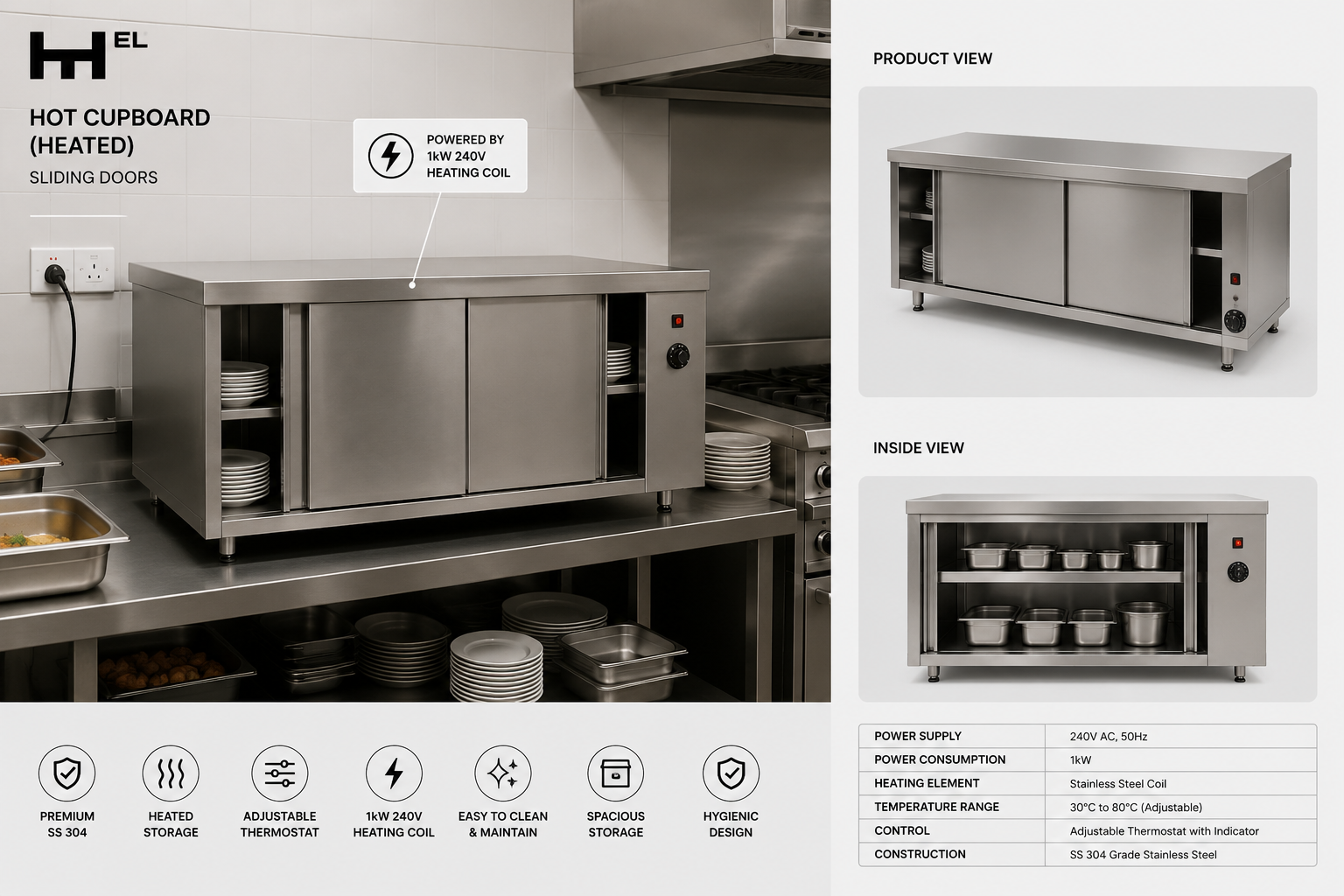 Stainless Steel Hot Cupboard – Sliding Door Type