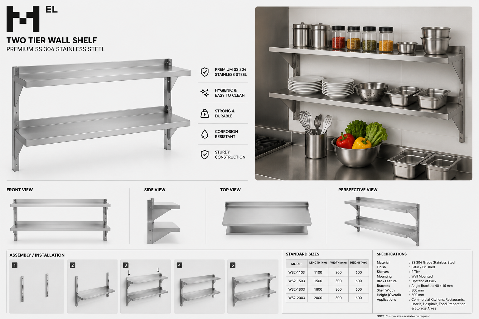 Wall Shelf Stainless Steel Two Tier 