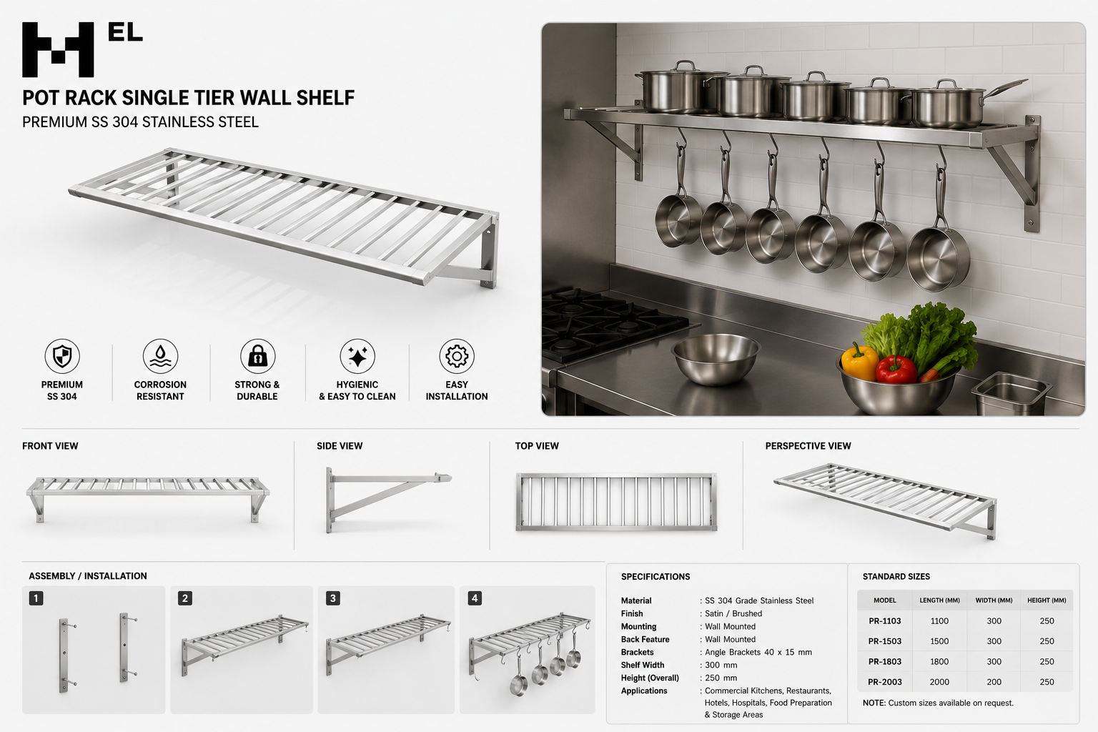 Stainless Steel Slatted Pot Rack – Wall Mounted
