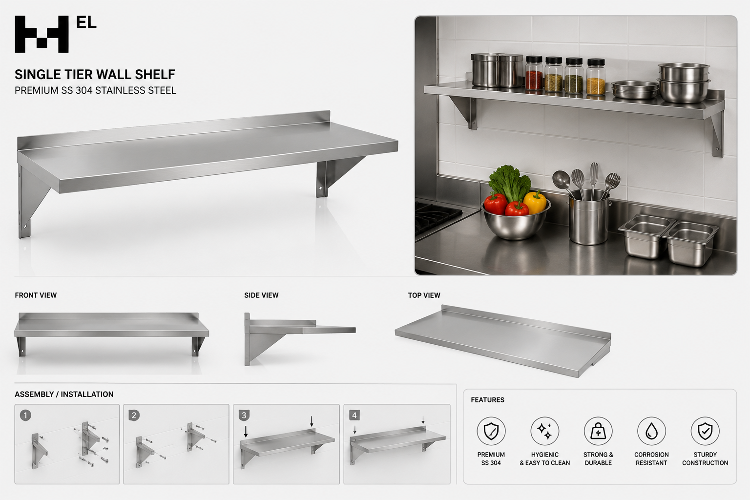 Wall Shelf Stainless Steel Single Tier 