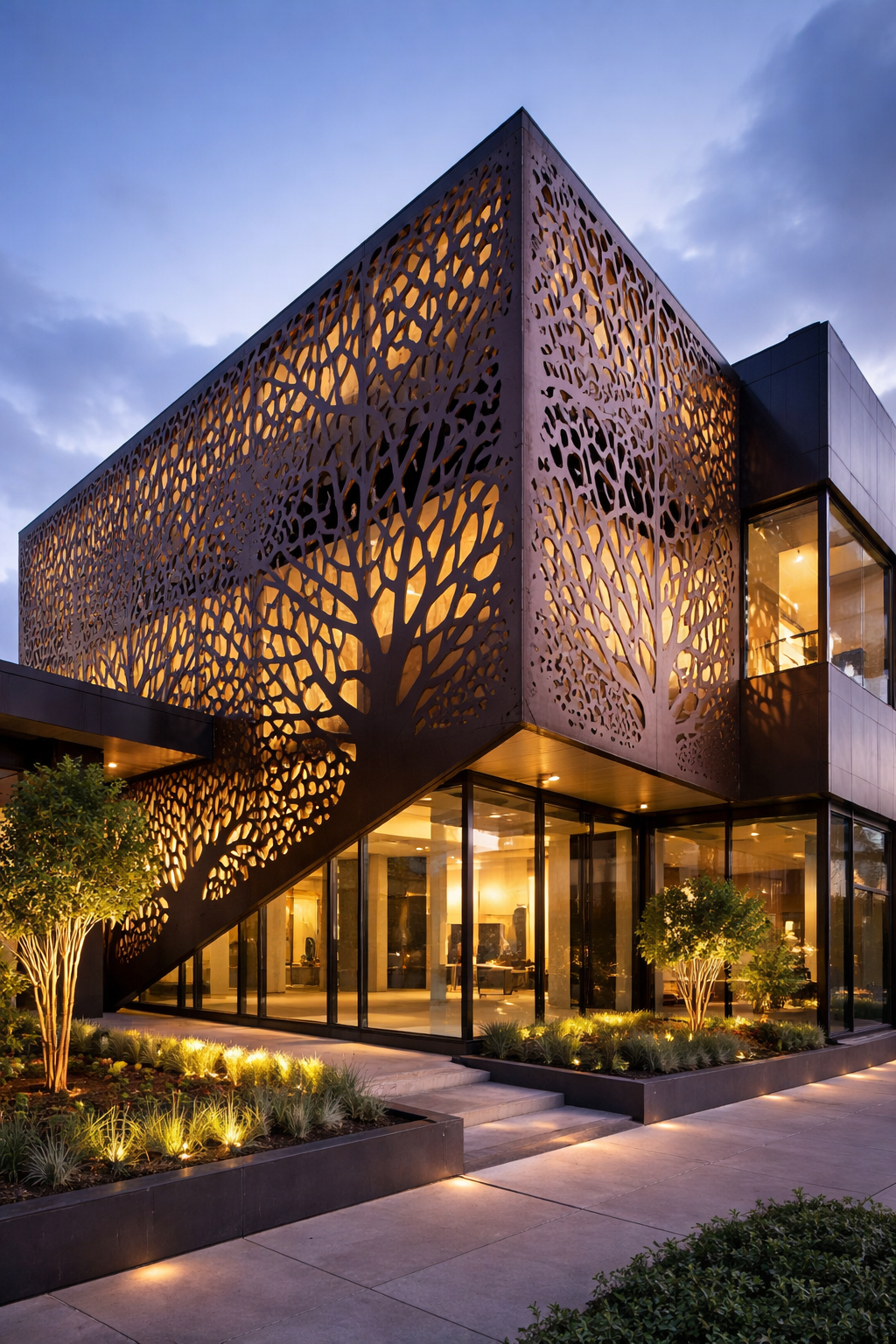 Contemporary laser-cut metal building facade designed to enhance architectural identity while providing shade, privacy, and visual impact.