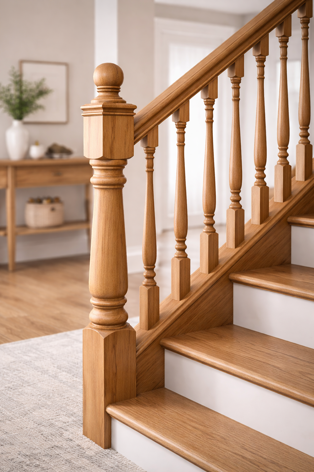 Elegant oak staircase in warm interior